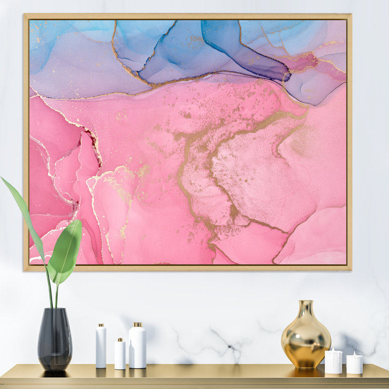 Art à l'encre rose rose avec horizon bleu - reproduction sur toile, H 24 po x l 32 po, Toile avec cadre en érable