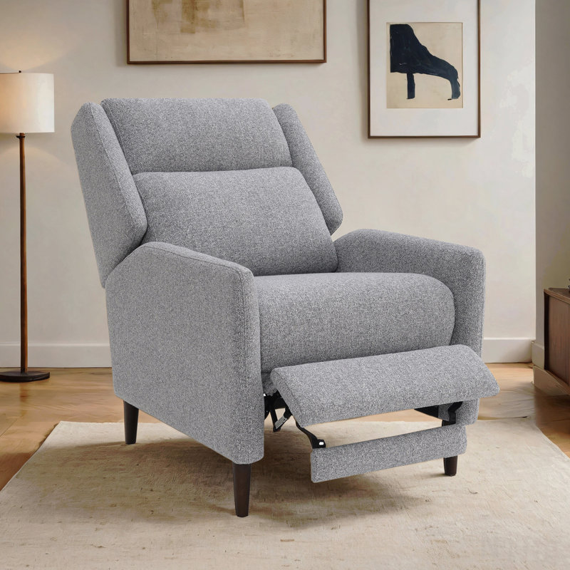 Gray Mid-Century Modern Pushback Recliner - Leathered Upholstery, Tapered Legs, Channel Detail, Gray
