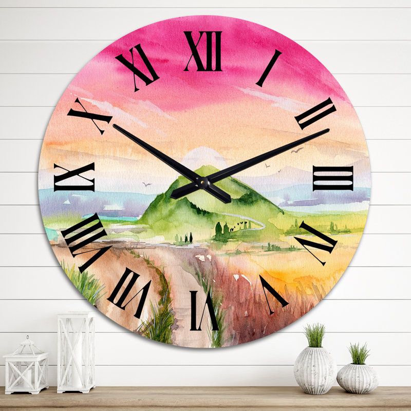 Paysage avec champ d'herbe et ciel rose - horloge murale, Grand