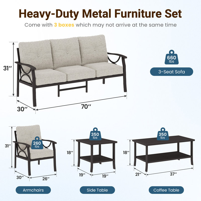 Ensembles de meubles de patio 5 pièces, Cadre café / coussin kaki