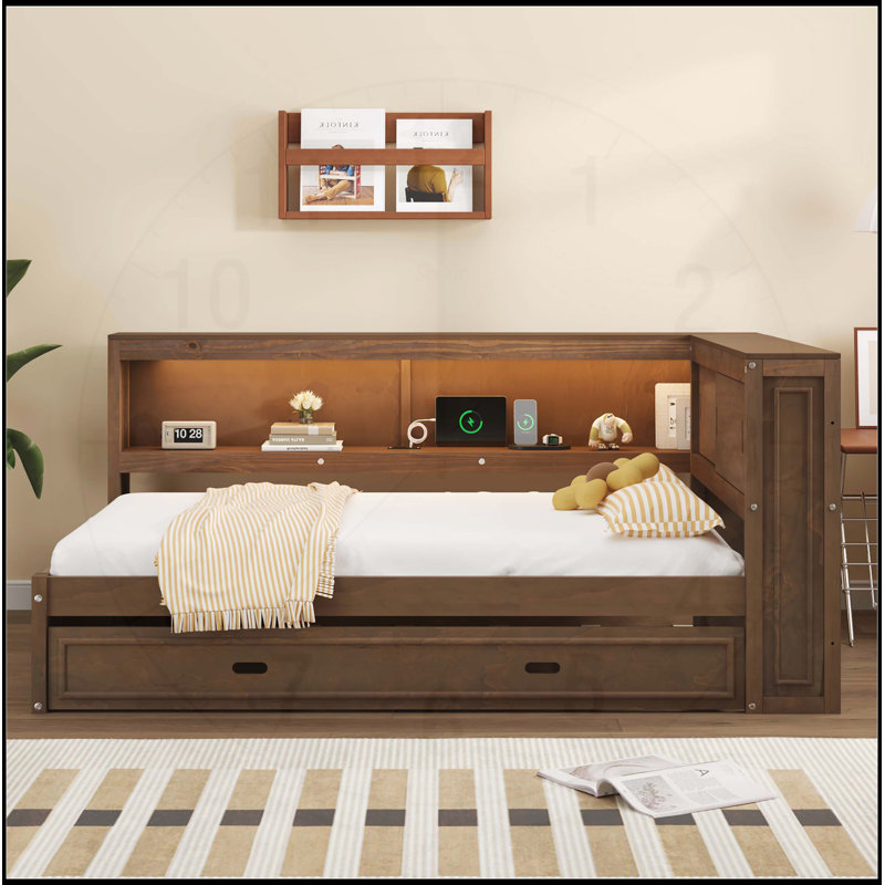 Upholstered Daybed with LED Belt and Trundle, Gray, Combining Modern Design and Practical Storage Solutions