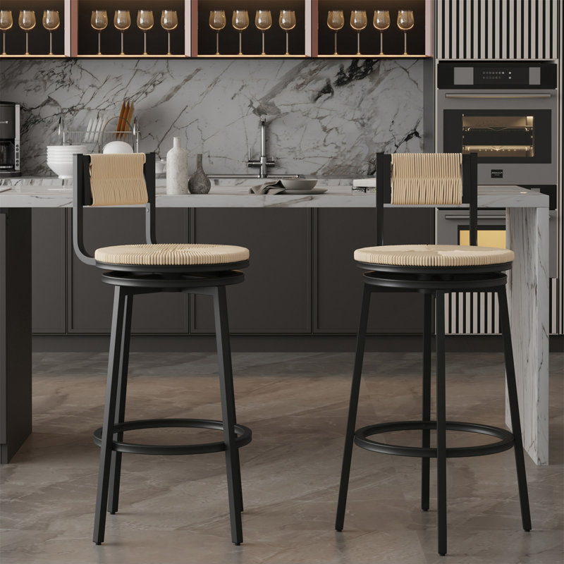 Tabourets de bar pivotants avec structure en métal et siège en corde de papier tissé à la main, ensemble de 2, Crème