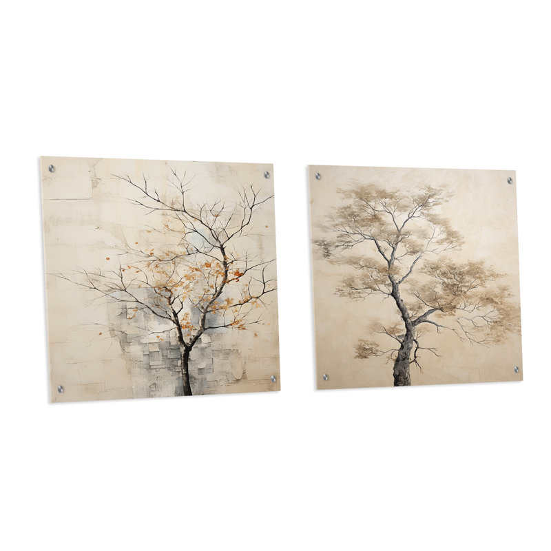 Minimalism Beige Maple Tree Melody IV - Tree Maple Acrylic Wall Art Glass Set Of 2, 16" H x 33" W