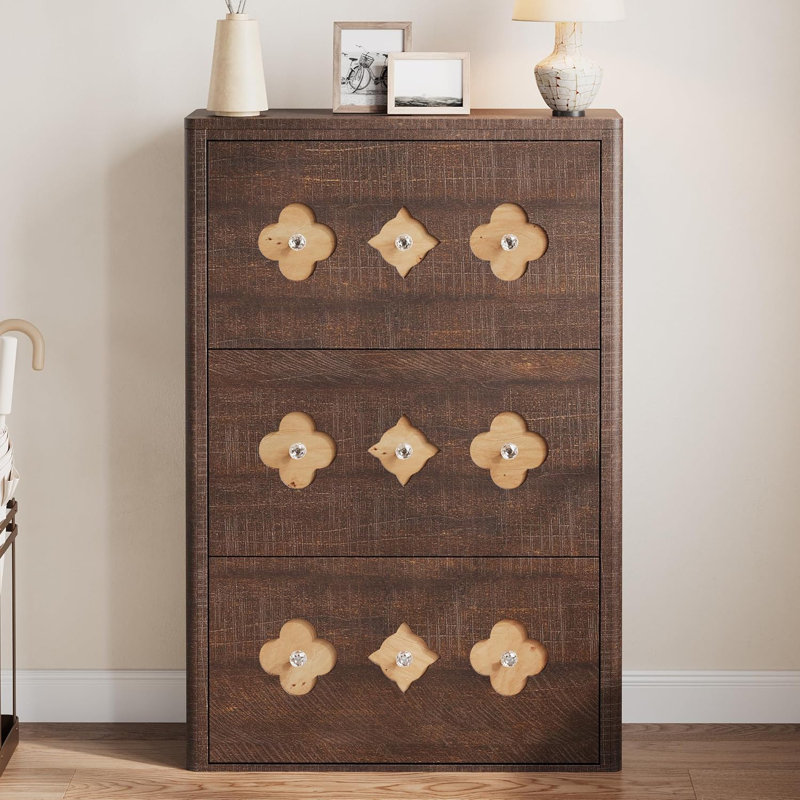 Shoe Cabinet with Flip Drawers, Slim Freestanding Shoe Rack Cabinet, Flower Pattern & Diamond-Shaped Handles, 3, Brown