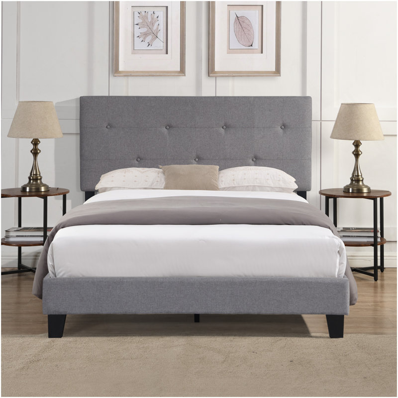 Full Size Upholstered Platform Bed Frame With Modern Button Tufted Linen Fabric Headboard, No Box Spring Needed, Wood Slat Support, Easy Assembly, Grey
