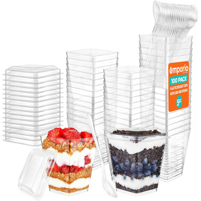 Tasses à dessert en plastique 5 oz avec couvercles et cuillères - tasses à apéritif pour le pudding, parfait, crème glacée et cocktails, sans BPA, tasses de service réutilisables transparentes, conception élégante, paquet de 100