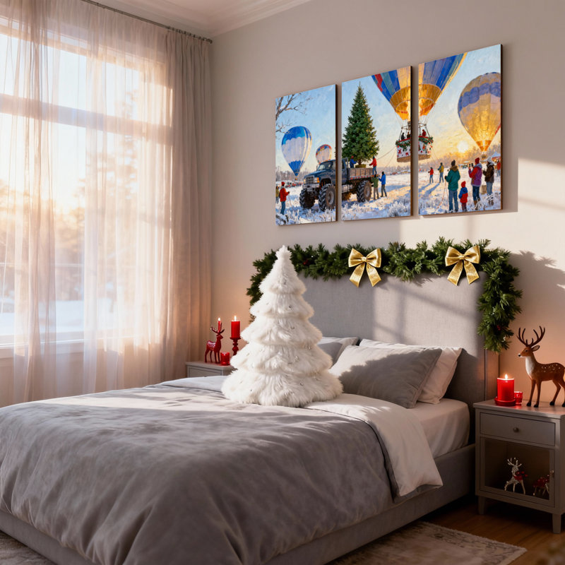 Ensemble de 3 impressions sur toile de Noël montgolfières scène d'hiver camion arbre personnes neige, 18" H x 36" W