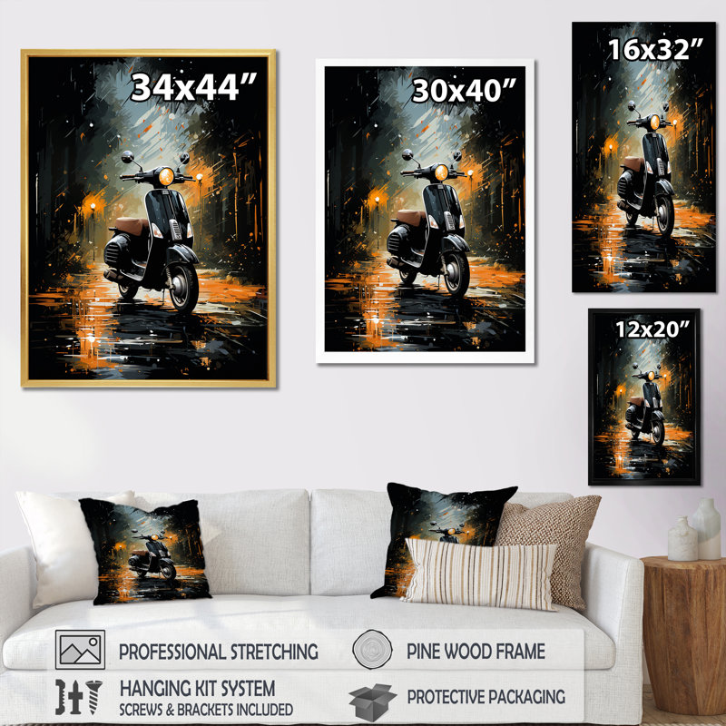 «Night Streets And Scooters I», reproduction sur toile, Cadre flottant noir, 32" H x 24" W
