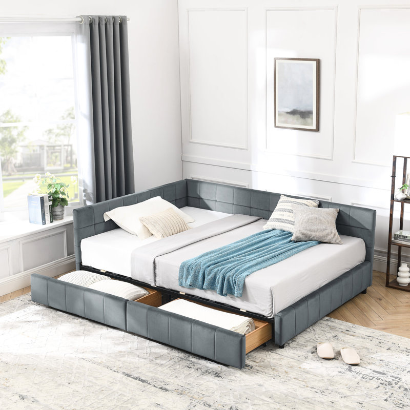 Lit de jour de style Mid-Century avec revêtement en velours et espace de rangement supplémentaire, Gris