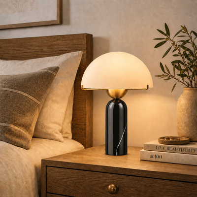 14.5" Natural Travertine Mushroom Table Lamp, Frosted Glass Dome Shade, Mid-Century Modern Bedside Light for Bedroom & Living Room