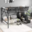 Grand lit mezzanine en métal avec escalier, tablettes de rangement et garde-robe, grand lit mezzanine pour enfants, adolescents et adultes, noir