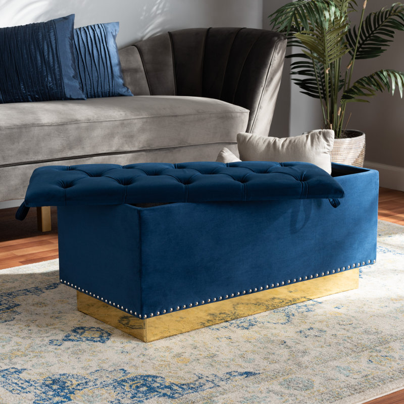 88.9cm Wide Tufted Rectangle Solid Colour Standard Ottoman with Storage, Navy Blue