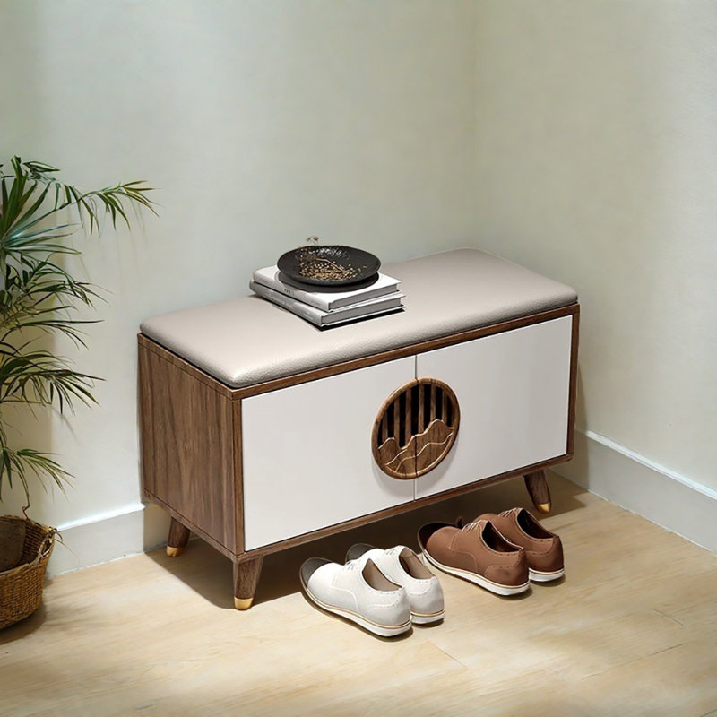31.5in Multi-functional Shoe Storage Bench, White/Light Walnut