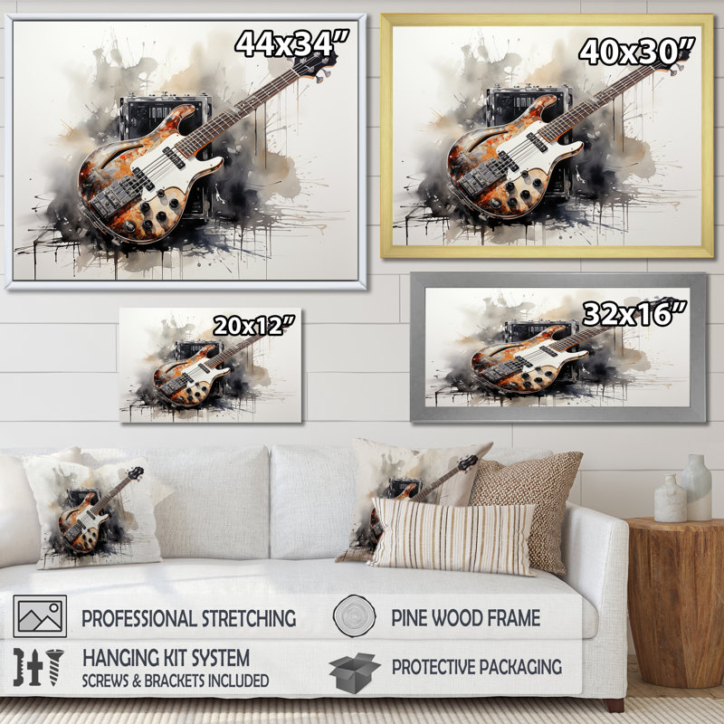 «Brown Charcoal Guitare», art mural sur toile, Toile tendue, H 34 po x l 44 po x P 1,5 po