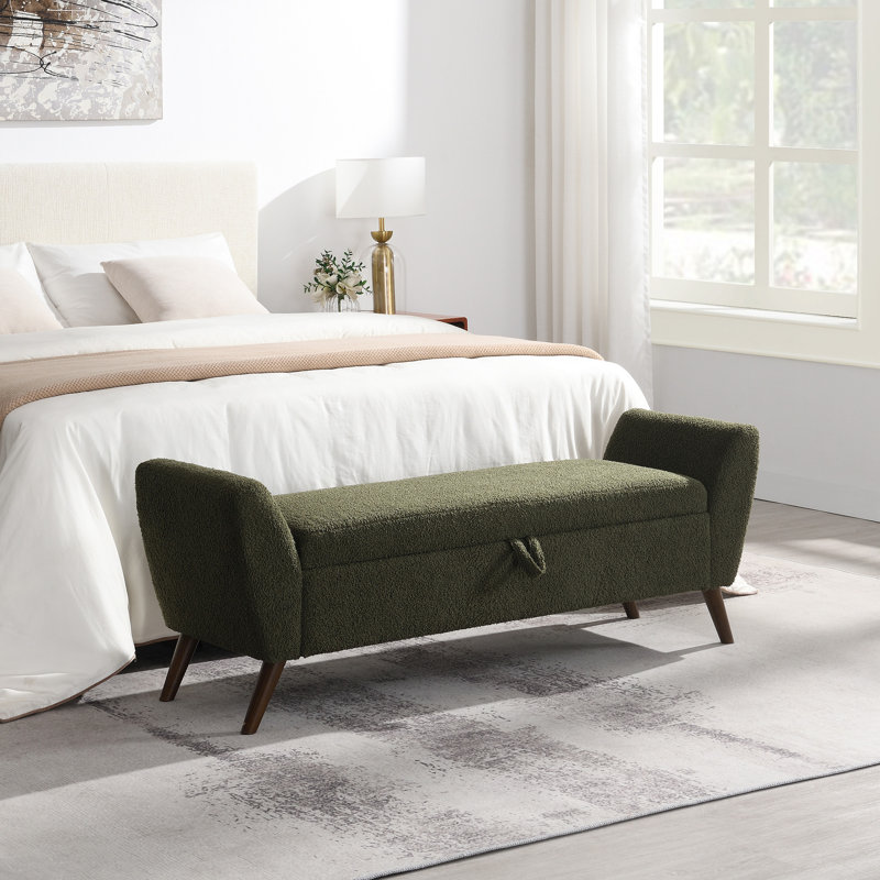 Banc de rangement moderne de 60 po avec pieds en bois Mid-Centruy, Vert olive