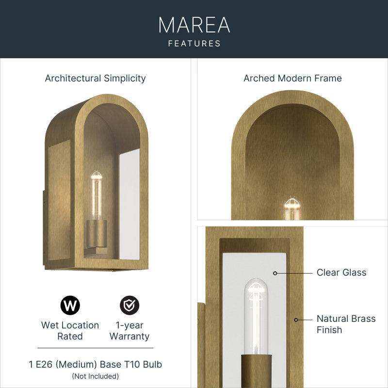 Marea 13" 1-Light Outdoor Wall Light with Clear Glass in Natural Brass, Natural Brass, 13" H x 6.5" W x 5.75" D