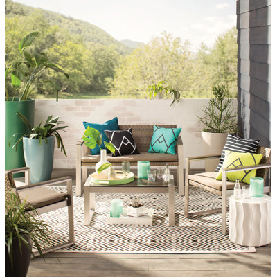 Pangea Home Chester 4-Person Aluminum Outdoor Conversation Set with Cushions – Modern Patio Seating with Rust-Free Frame, Poly-Resin Arms & All-Weathe by Rosecliff Heights