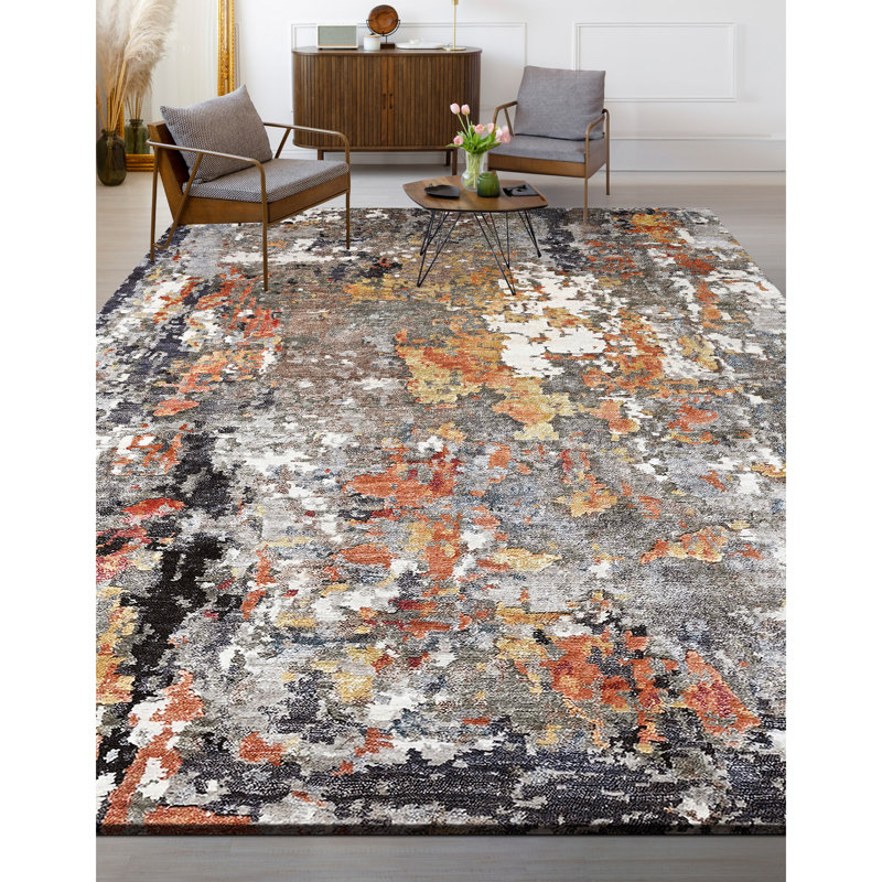 High-Quality Hand-Knotted Grey And Rust Area Rug, Multi And Rust, Rectangle 4' x 6'