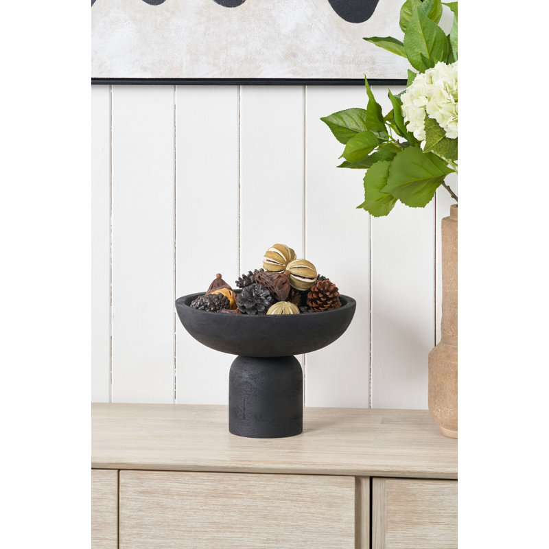 Handcarved Mango Wood Bowl with Raised Base, Black