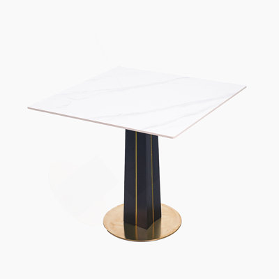Modern Square Negotiation Table - 85Cm White Sintered Stone Top, Black Wooden Legs With Golden Metal Base(Only The Negotiation Table)