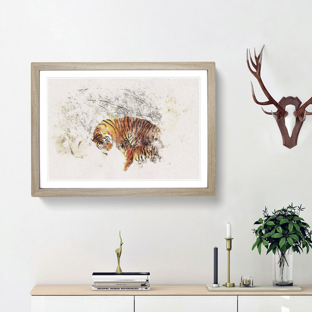 Mother Tiger & Cub in Winter - Framed Print
