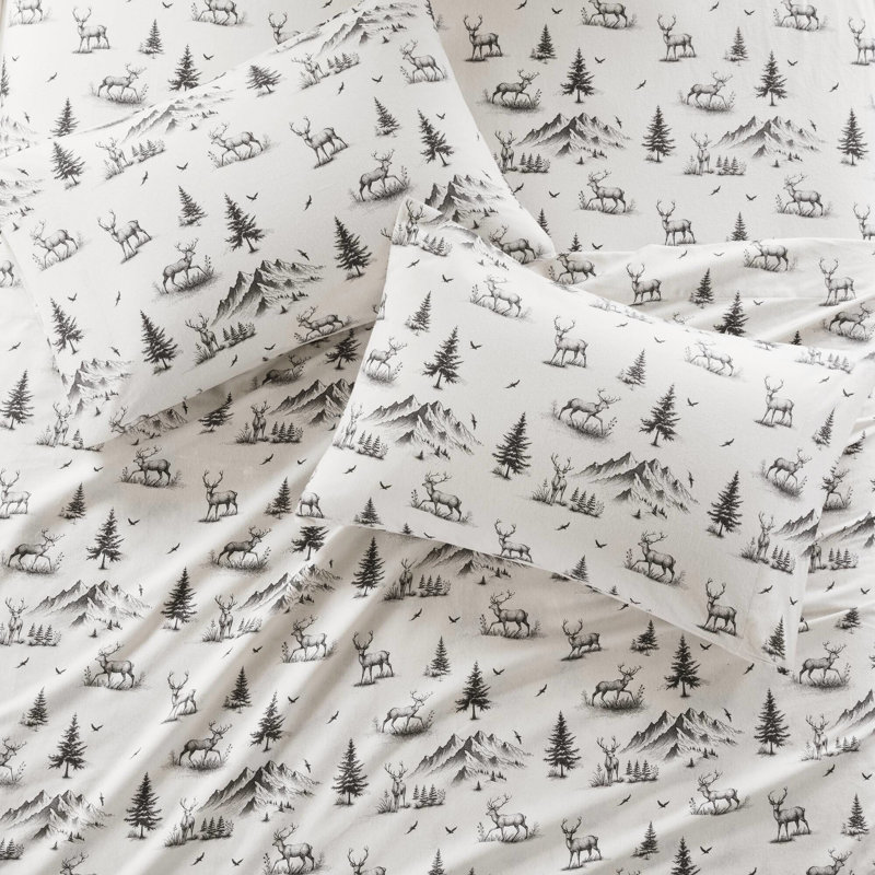 Drap-housse gris en cerf, 4 pièces, 100% flanelle de coton, doublement brossé pour velours doux, drap-housse élastique, avec taies d'oreiller plates et draps