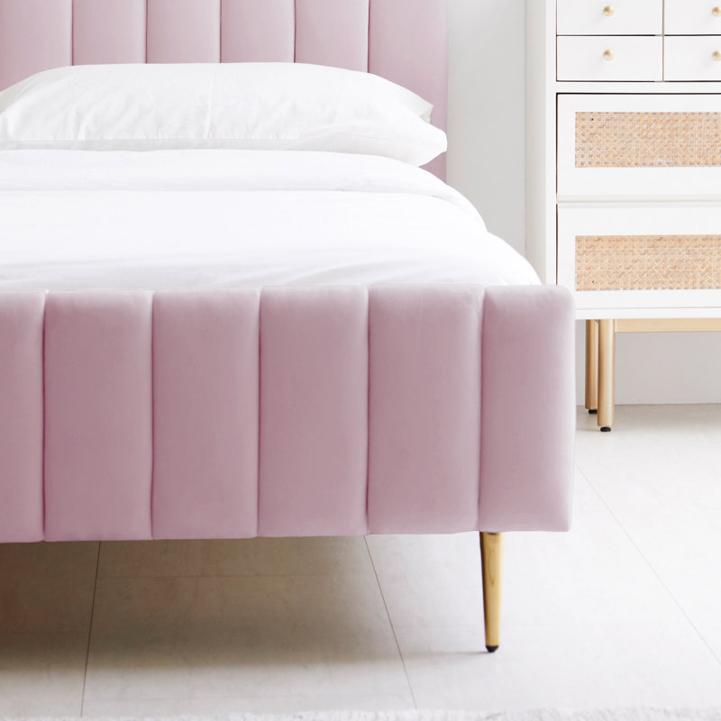 Velvet Upholstered Modern Platform Bed Set With Bedside Panel Nightstand, No Box Spring Needed, Pink, Queen
