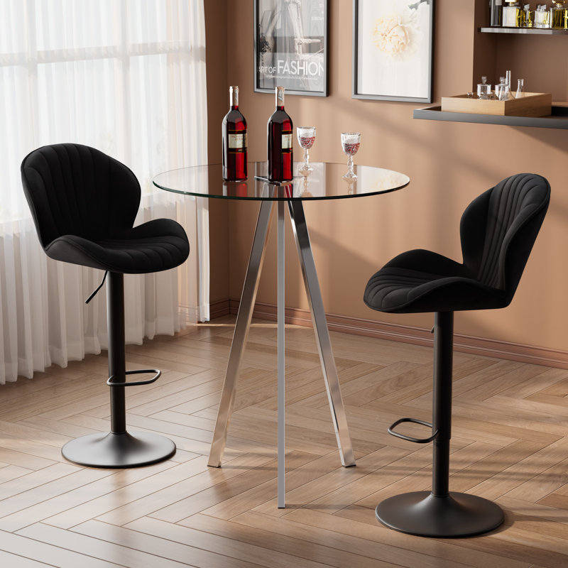 Table de pub ronde et 2 à 4 tabourets de bar réglables à 360 °, 3 pièces: table, 2 chaises, Noir, Argent argent