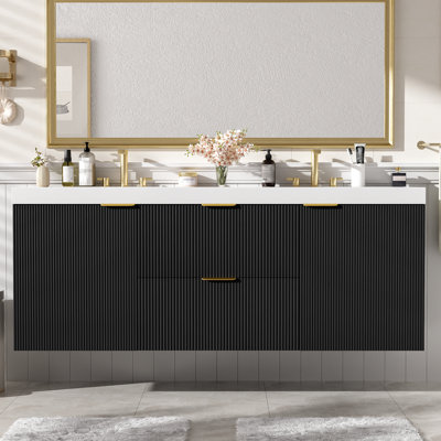 Ensemble de meuble-lavabo mural moderne 59 po avec tiroirs divisés, lavabo SMC et rangement hybride 59 po