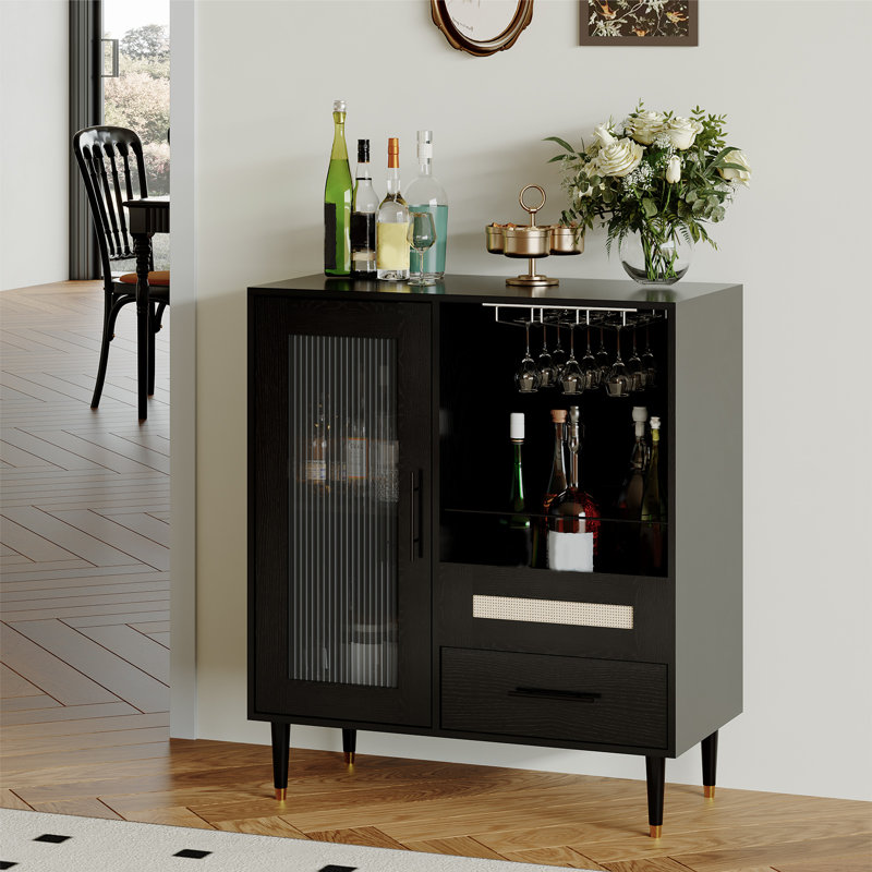31"W Wine Bar Cabinet with Tempered Glass Door & Rack , Freestanding Modern Buffet Sideboard for Dining Room, Kitchen Coffee Bar & Liquor Storage Cabinet with Drawers and Glass Holder