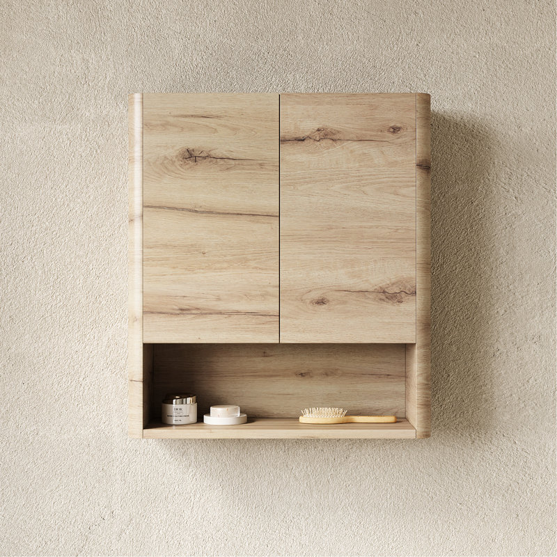 Armoire de salle de bain 26 po avec compartiment ouvert et 2 portes, couleur chêne blanc, contreplaqué élevé, bonne stabilité dimensionnelle pour la cuisine, mécanisme, rangement spacieux, installation simple