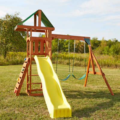 Scrambler Wooden Swing Set with Slide, Swings and Climbing Wall