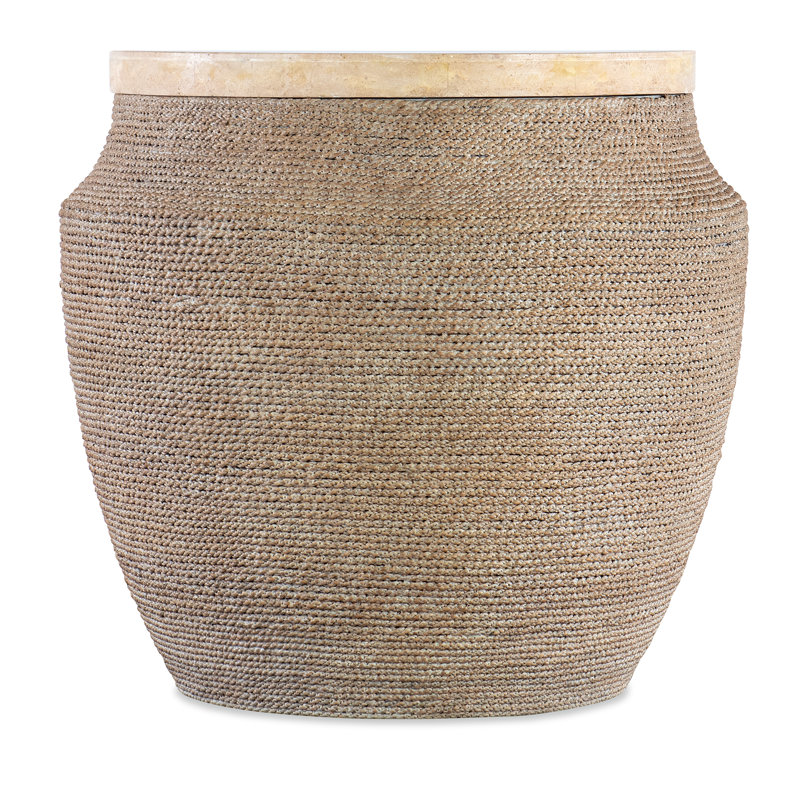 Beige and Brown Round Rope-Wrapped Stone End Table