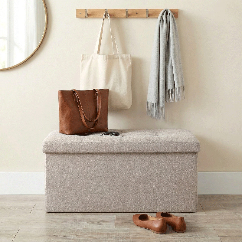 30" Upholstered Folding Storage Ottoman, Tufted Footstool Footrest End of Bed Bench with Padded Seat, Tan