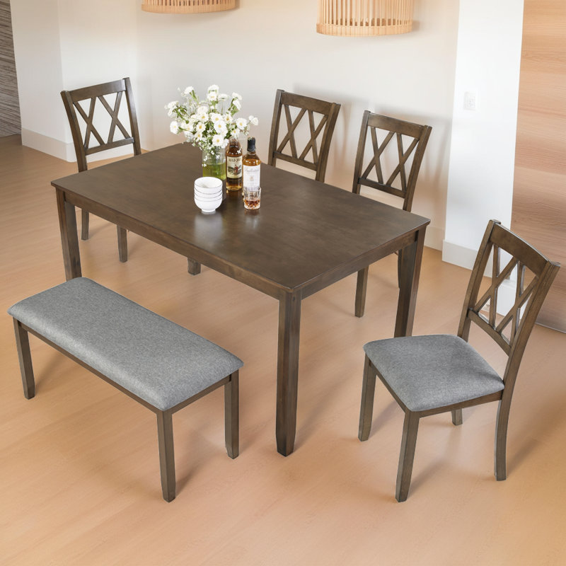 6-Piece Wooden Dining Set - Rectangular Table with Bench & Chairs