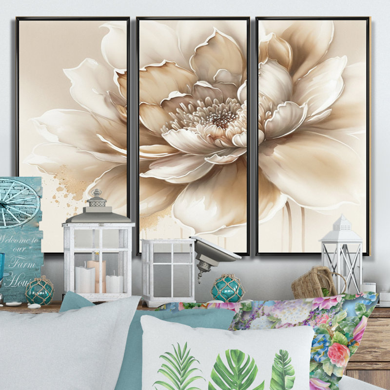 «Blooming Beige Floral Design III», reproduction sur toile flottante 3 pièces, H 28 po x l 36 po x P 1 po, Noir