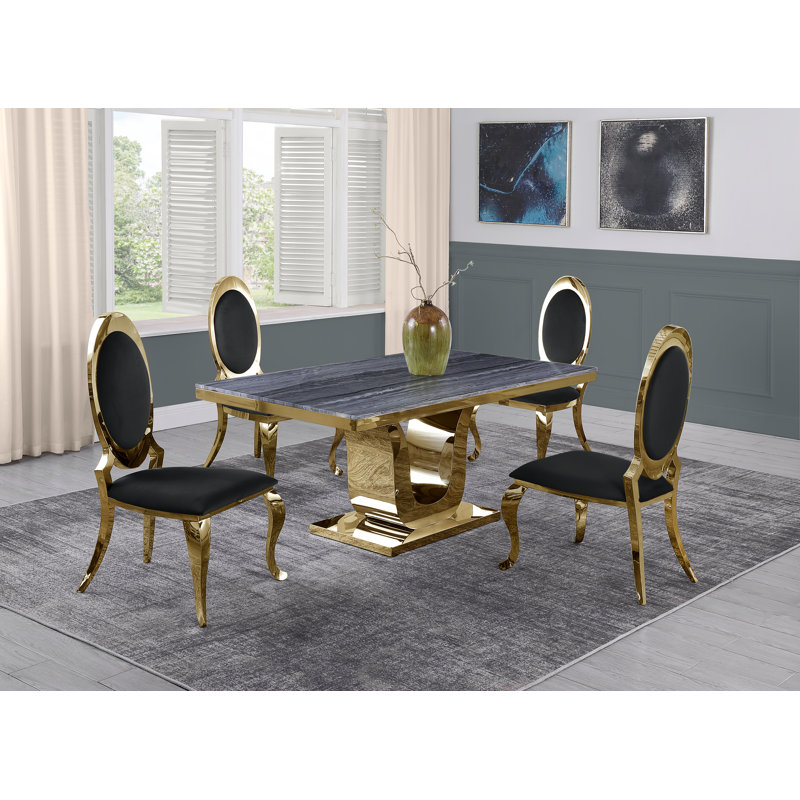 Hardnett Dellbrook White Marble Dining Set, White/Greige, 5, Gray/Silver