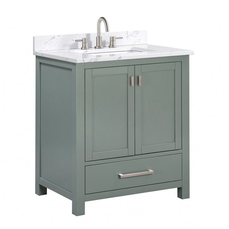 Modero 30" Single Bathroom Vanity with Top, Cala White Marble, Brushed Nickel, Smoke Green