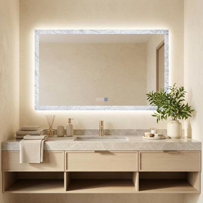 Miroir de salle de bain 152 x 91 cm avec éclairage DEL 3 couleurs, verre trempé, luminosité réglable, antibuée, fonction mémoire, argenté et verre sculpté, fixation murale
