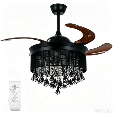 Ventilateur de plafond rétractable en cristal noir avec éclairage DEL 3 couleurs et télécommande, lustre ventilateur pour chambre à manger