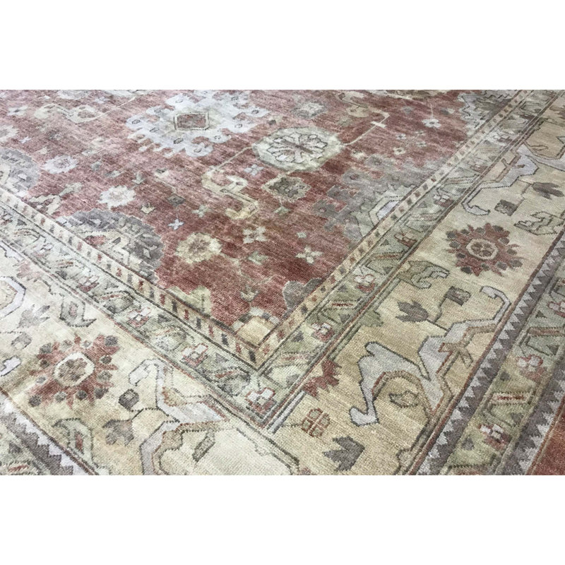 Tapis rouge et vert clair de haute qualité noué à la main