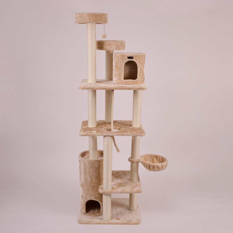 84-Inch Beige Faux Fur Multi-Level Cat Tree with Sisal Posts