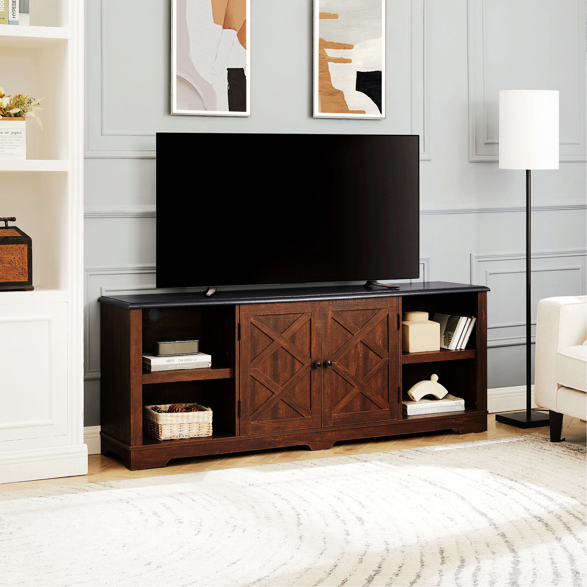 Gracie Oaks TV Media Stand, Barn Console with Open Shelves and Closed