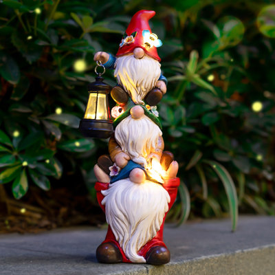 Statue de gnome de jardin avec lumières solaires et sculptures de jardin amusantes, triple gnome, patio extérieur, jardin, balcon, décoration intérieure, cadeau d'anniversaire, 12 en gnome d'été