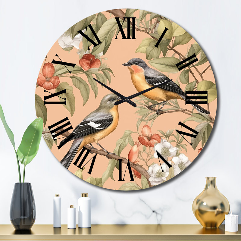 Horloge murale oiseaux verts et jaunes sur des arbres, Grand