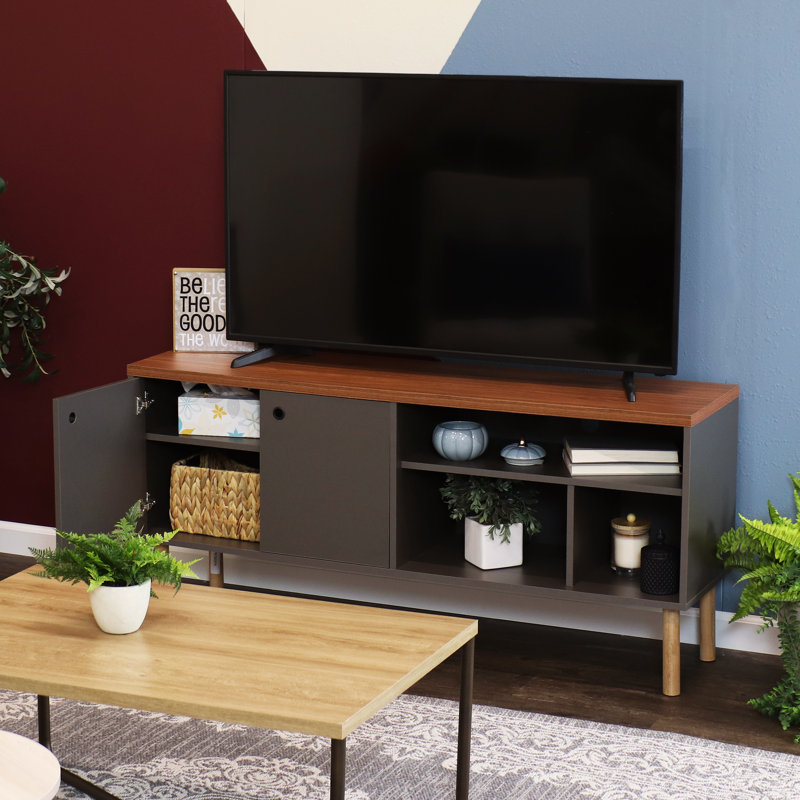 Meuble télé Mid-Century pour téléviseur 55 po avec tablettes Mid-Century - gris / brun, Gris / brun