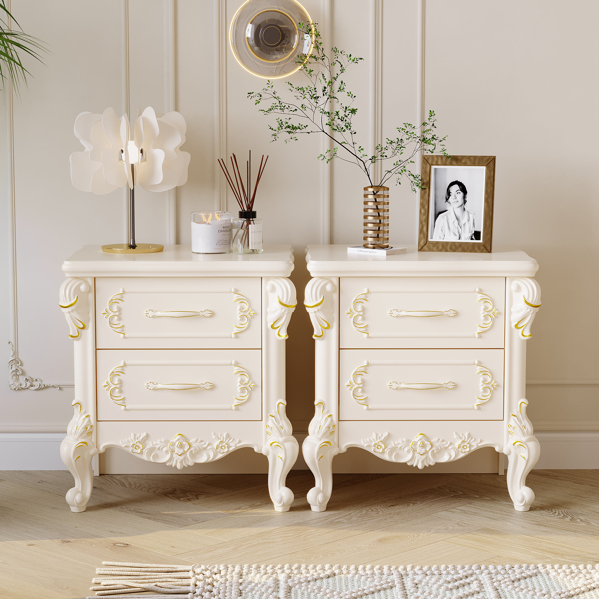 2 PC Elegant White Nightstand With Two Drawers And Gold Accents