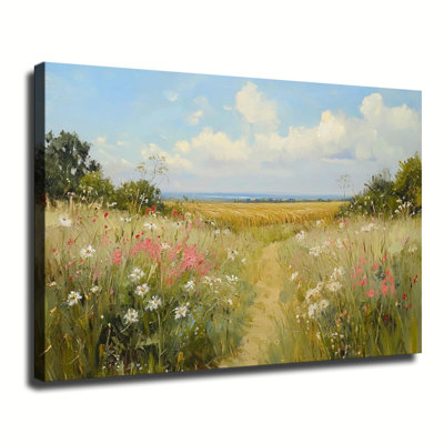 Rural Country Path Through Wildflower Wheat Field Oil Painting, Large Gallery Wrapped Canvas Wall Art Print For Living Room Bedroom
