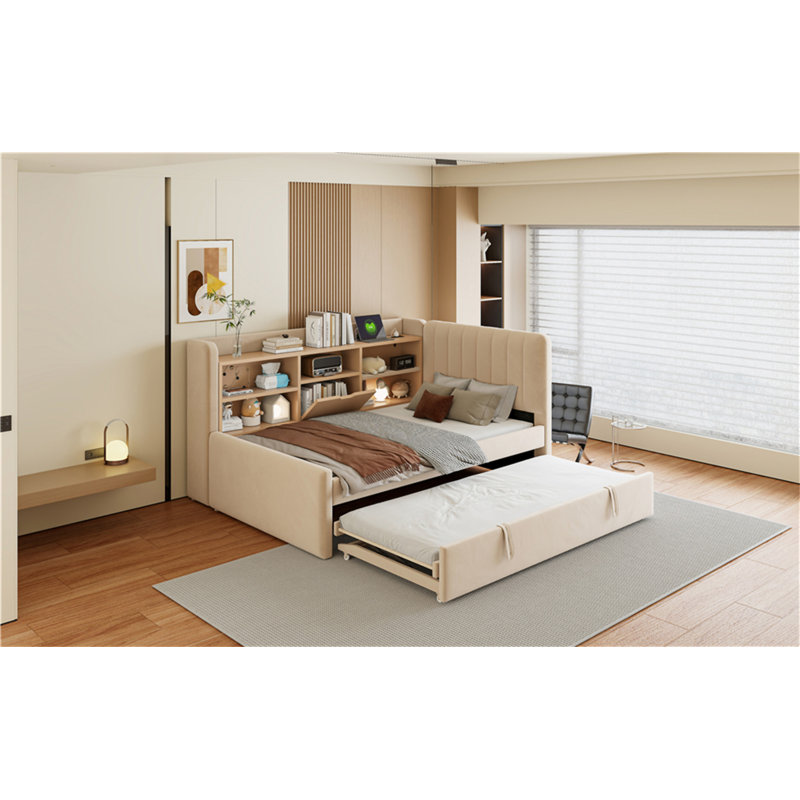 Upholstered Daybed With Trundle, Beige
