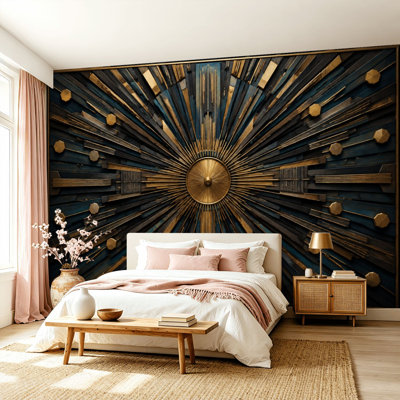 Papier peint adhésif pelez et collez, motif abstrait géométrique rayonnant bleu doré, art mural auto-adhésif et amovible